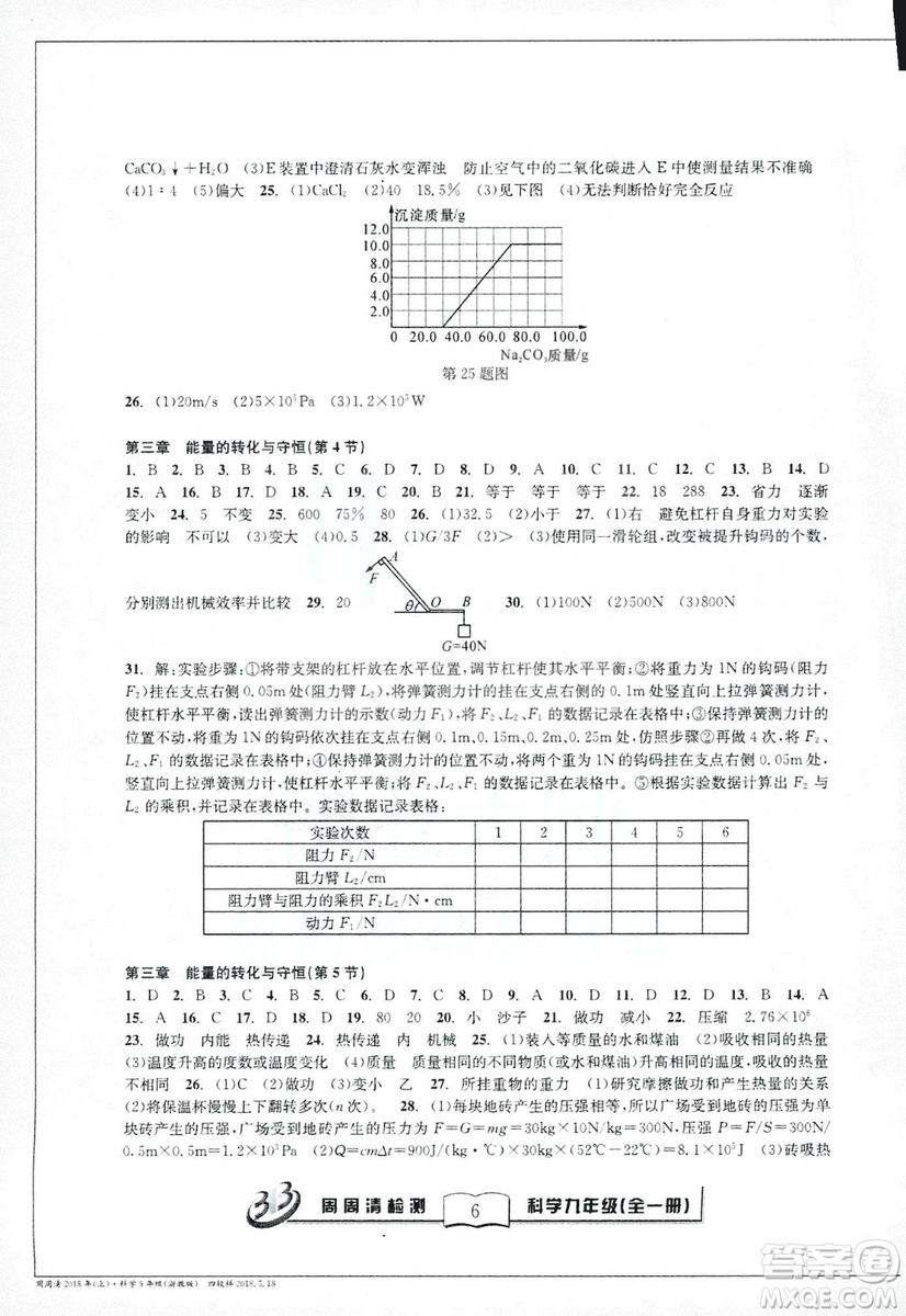 2018秋BFB百分百周周清檢測(cè)卷九年級(jí)科學(xué)全一冊(cè)浙教版參考答案