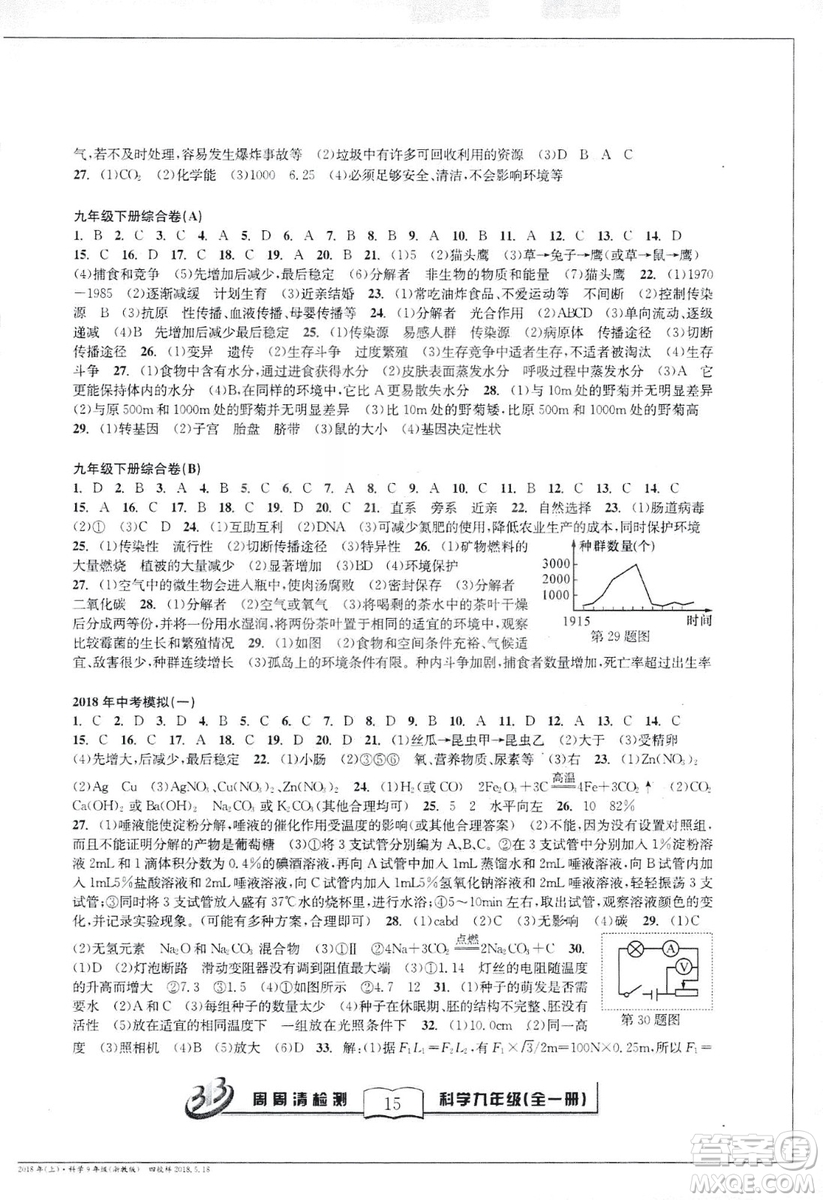 2018秋BFB百分百周周清檢測(cè)卷九年級(jí)科學(xué)全一冊(cè)浙教版參考答案