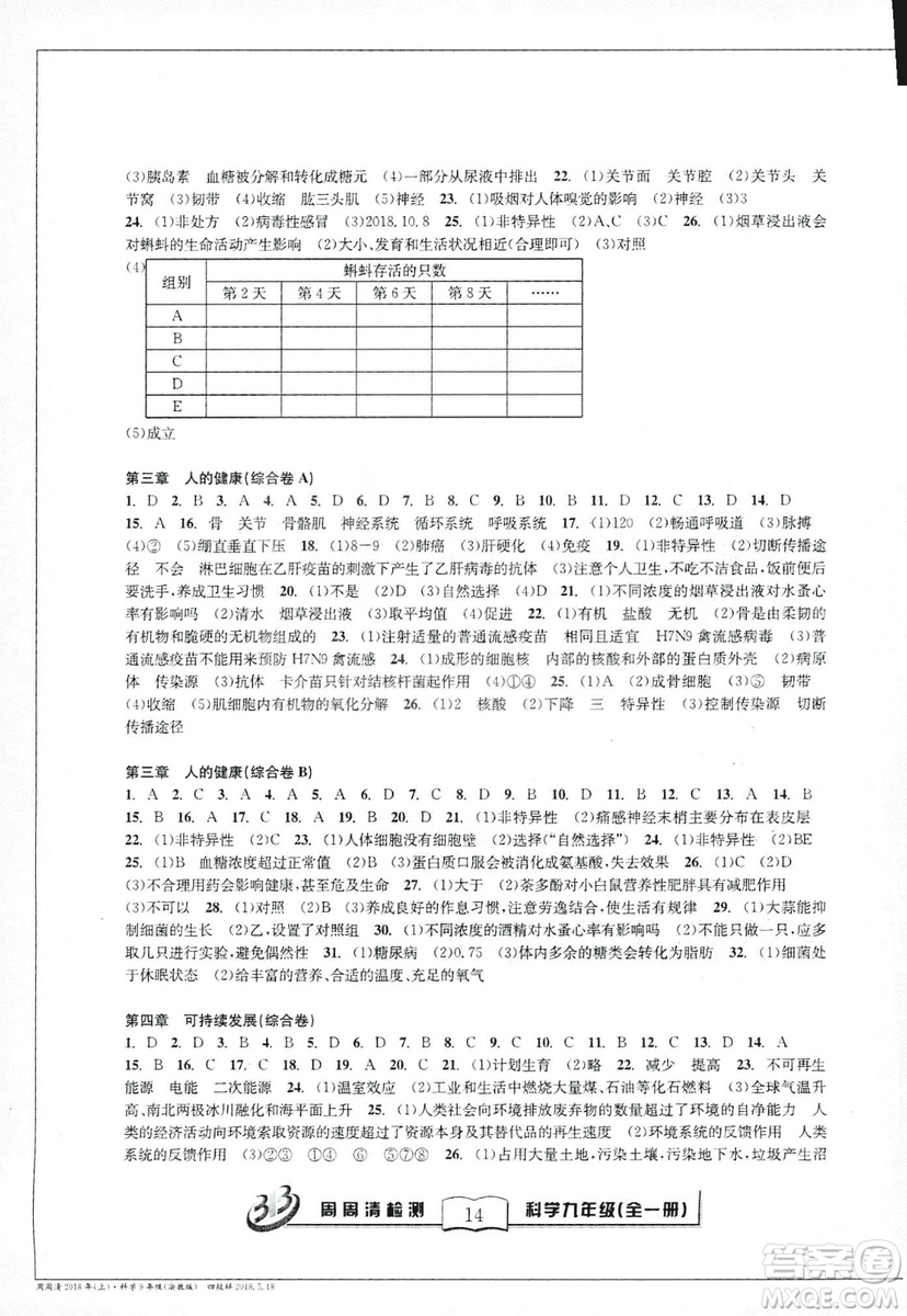 2018秋BFB百分百周周清檢測(cè)卷九年級(jí)科學(xué)全一冊(cè)浙教版參考答案