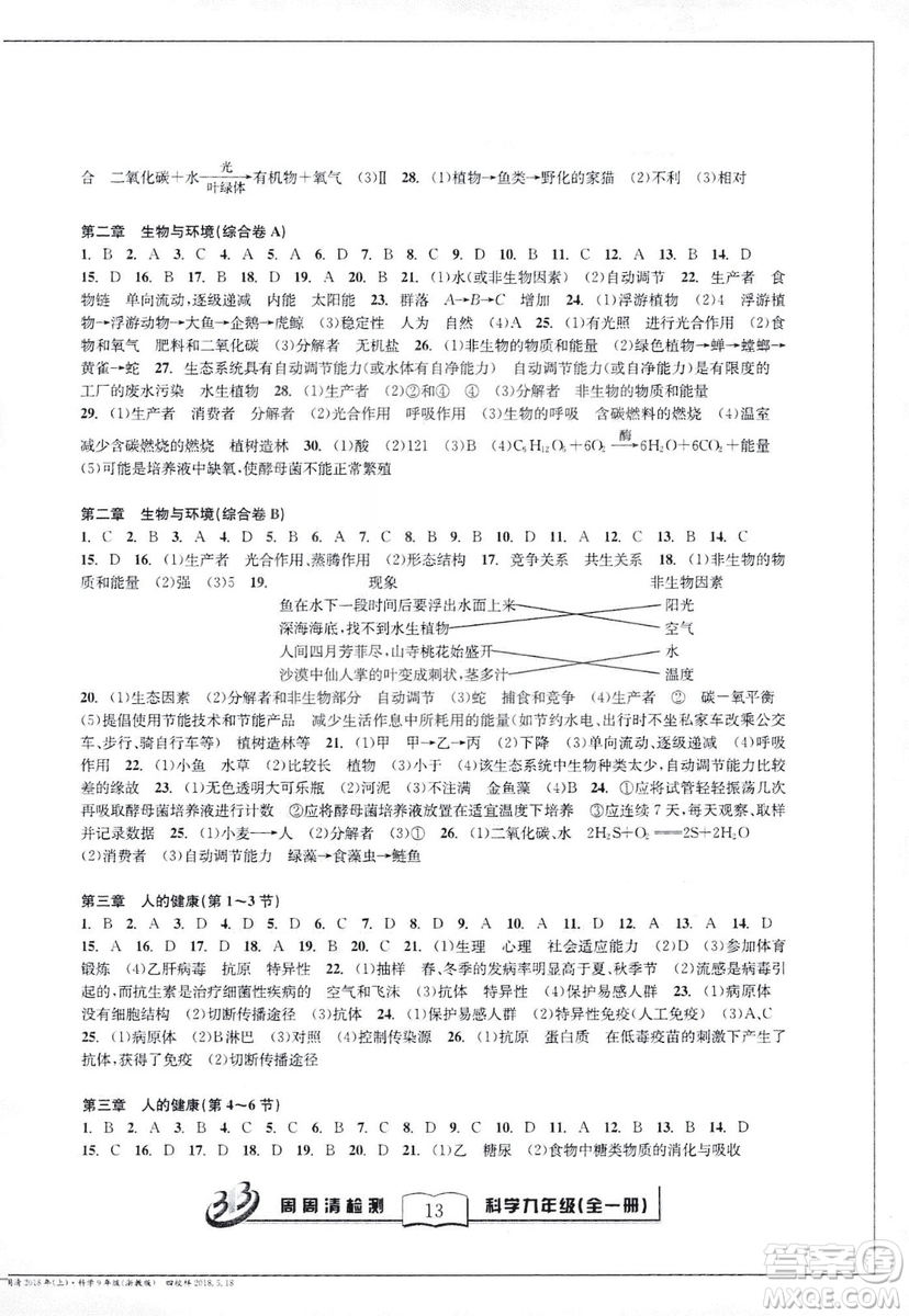 2018秋BFB百分百周周清檢測(cè)卷九年級(jí)科學(xué)全一冊(cè)浙教版參考答案