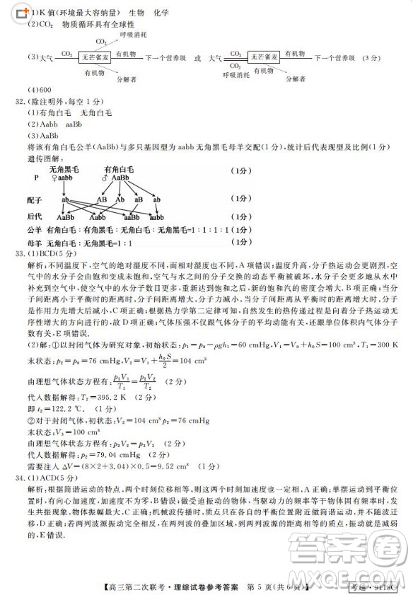 皖南八校聯(lián)考2018屆高三第二次聯(lián)考理綜答案