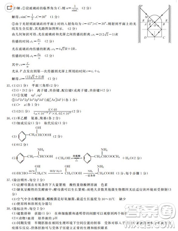 皖南八校聯(lián)考2018屆高三第二次聯(lián)考理綜答案