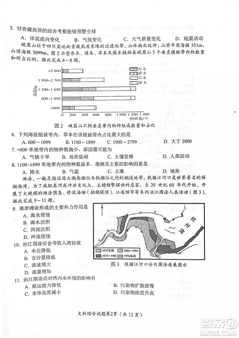 2018—2019年度綿陽(yáng)市高中2016級(jí)第一次診斷性考試文科綜合能力測(cè)試試卷及參考答案