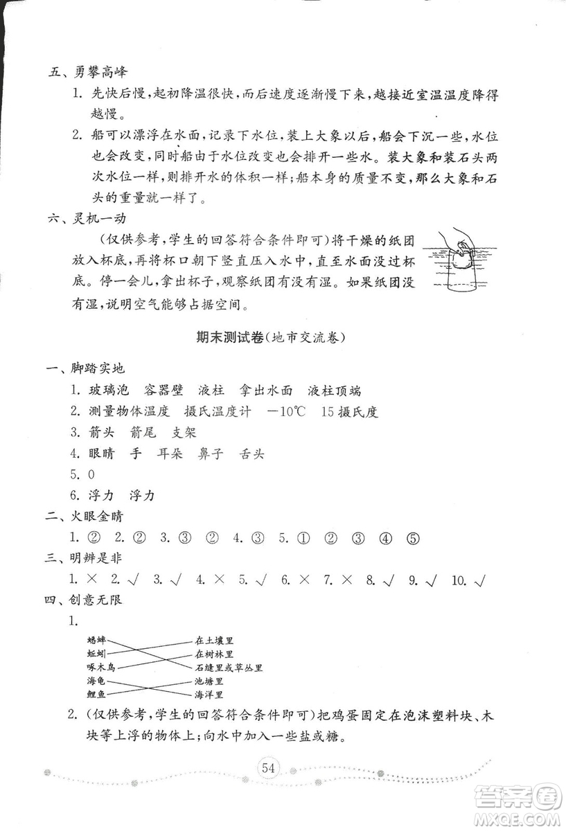 2018秋金鑰匙小學(xué)科學(xué)試卷青島版三年級(jí)上冊參考答案