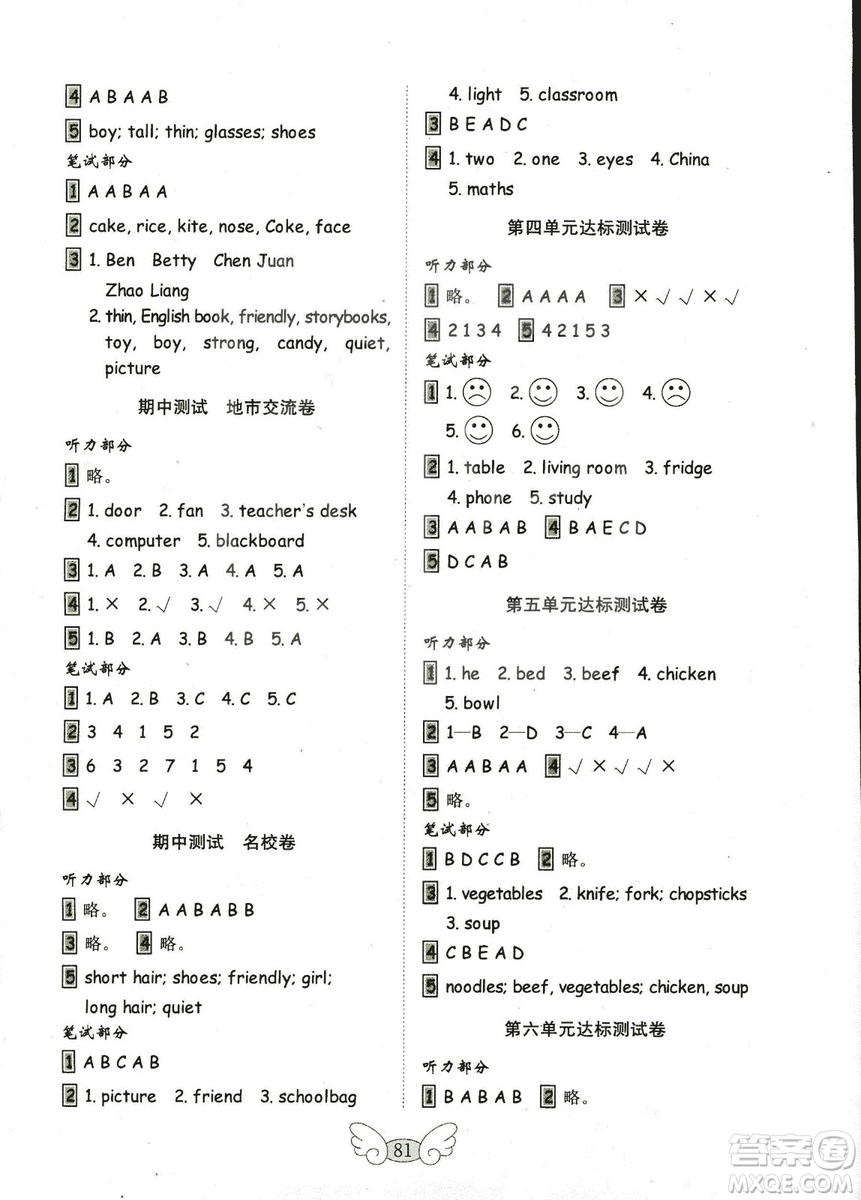 2018秋金鑰匙小學(xué)英語試卷人教版PEP四年級上冊三年級起點(diǎn)參考答案