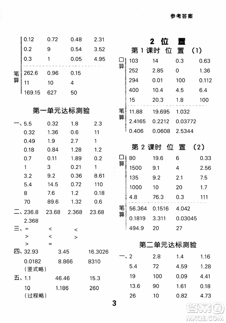 2018年秋小學口算大通關(guān)數(shù)學五年級上冊RJ人教參考答案