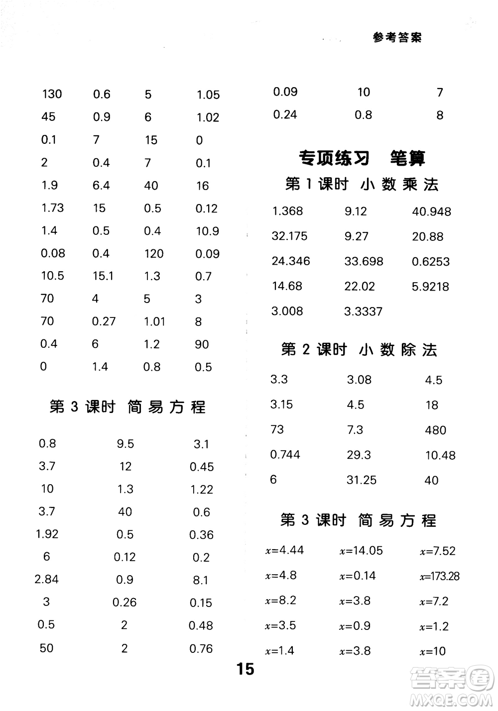 2018年秋小學口算大通關(guān)數(shù)學五年級上冊RJ人教參考答案