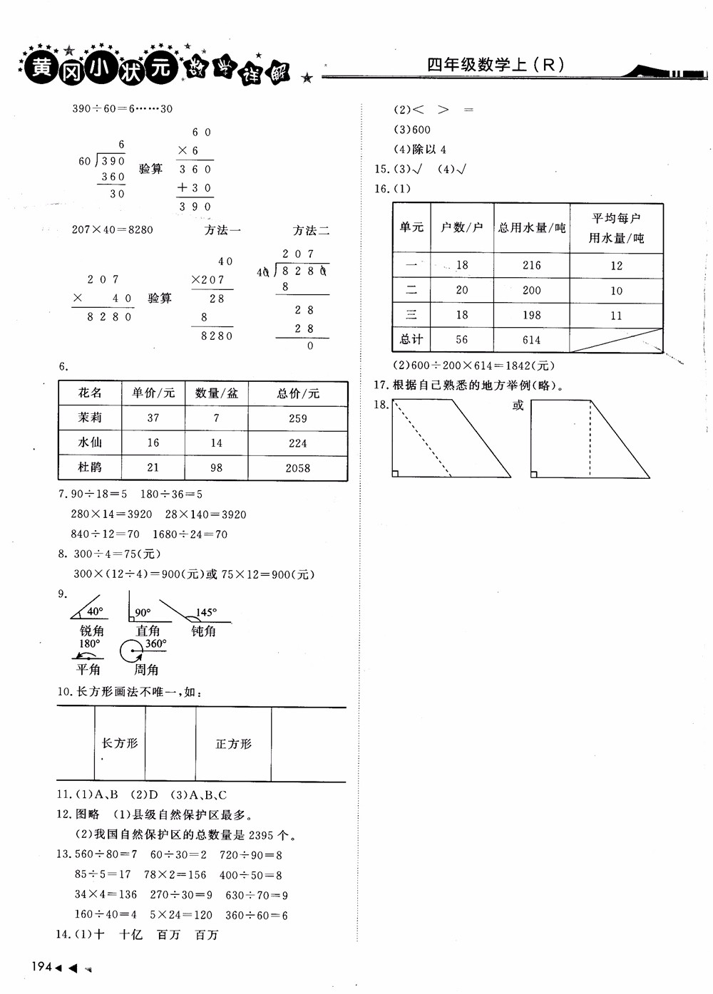 2018年黃岡小狀元數(shù)學(xué)詳解四年級(jí)數(shù)學(xué)上R人教版參考答案