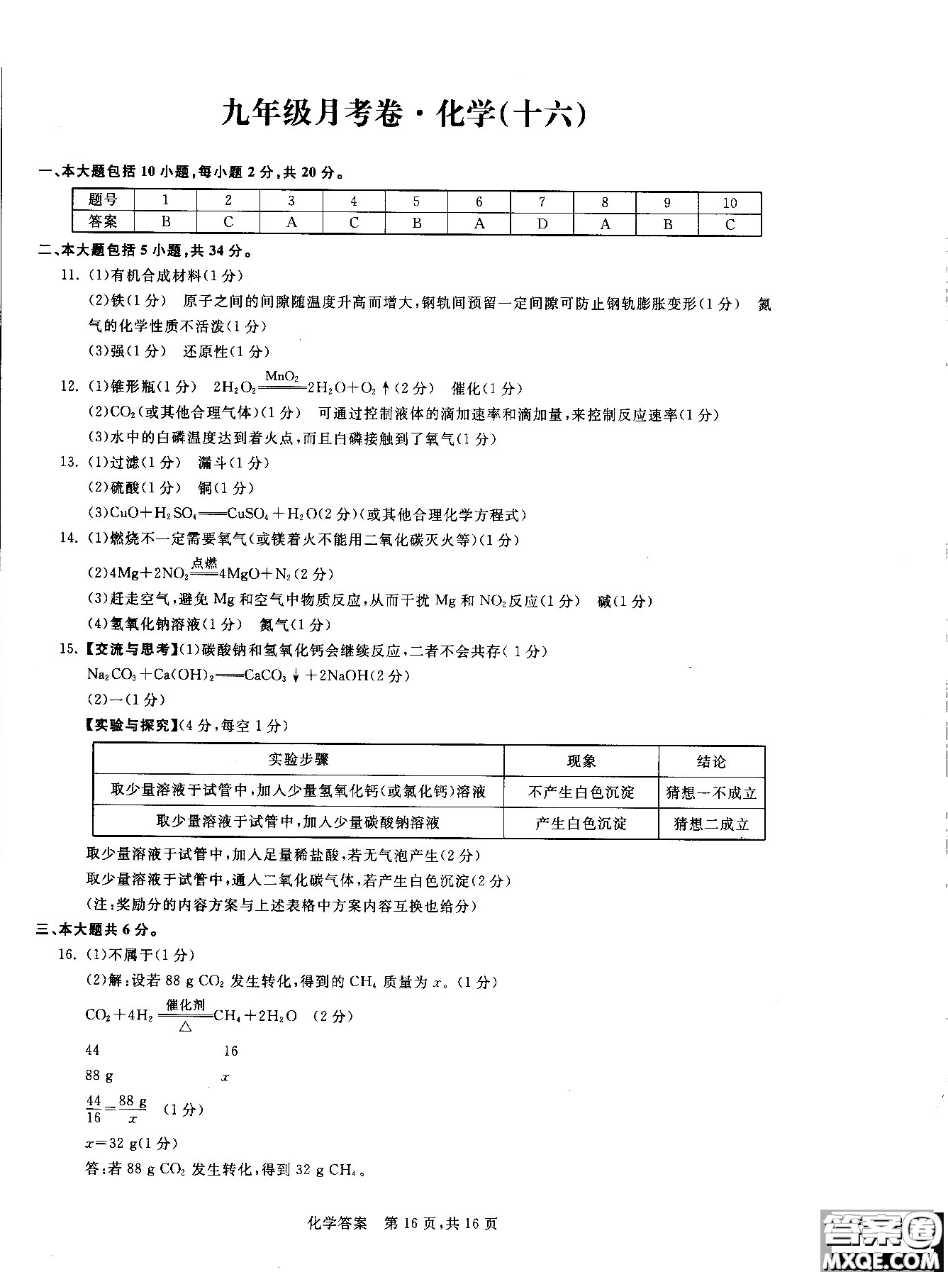 2018年優(yōu)加全能沖刺100分月考卷化學(xué)九年級全一冊參考答案