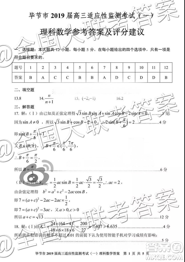 畢節(jié)市2019屆高三適應(yīng)性監(jiān)測考試一理科數(shù)學(xué)參考答案