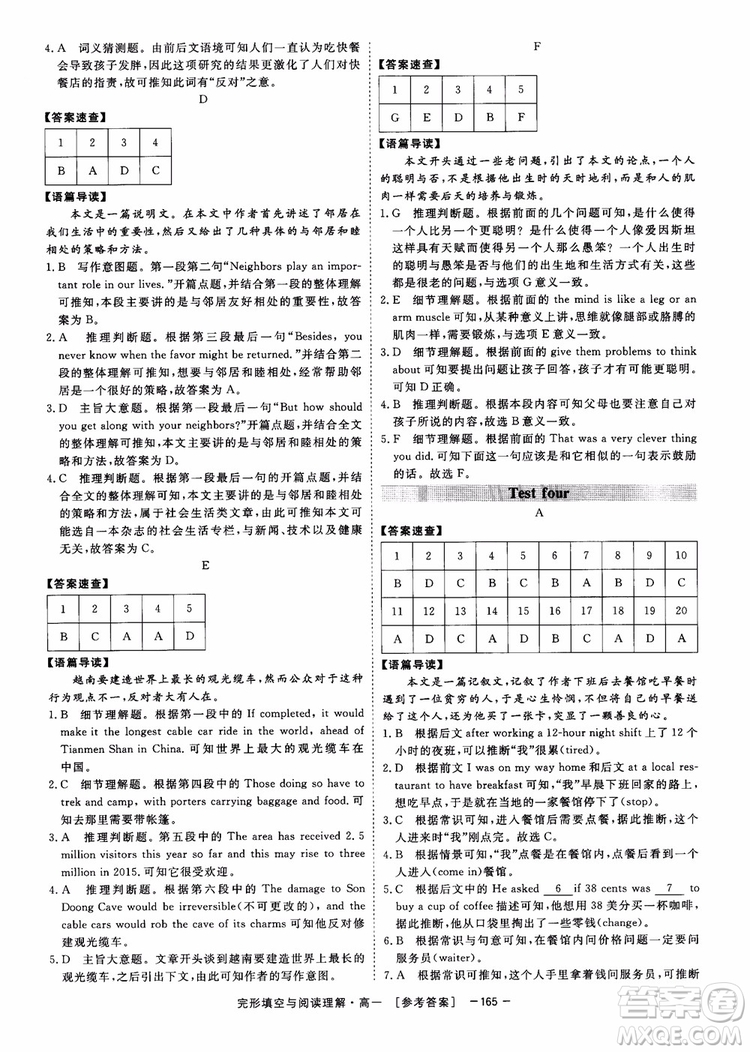 唐人英語2018頂尖訓(xùn)練完形填空與閱讀理解160篇高一參考答案