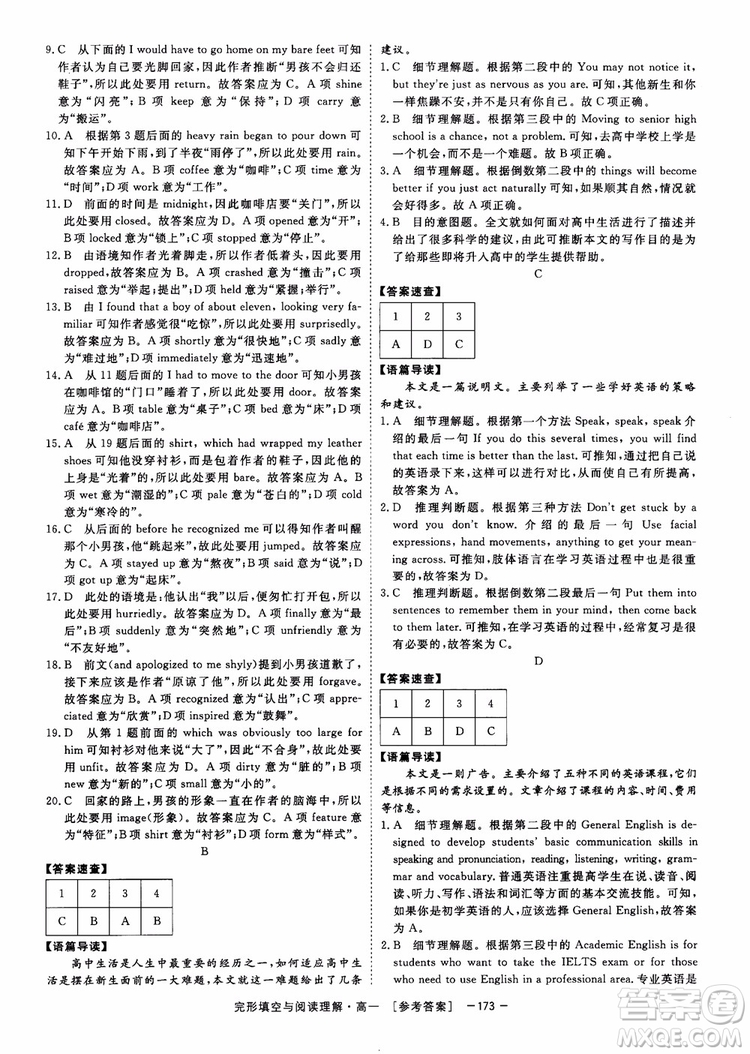 唐人英語2018頂尖訓(xùn)練完形填空與閱讀理解160篇高一參考答案