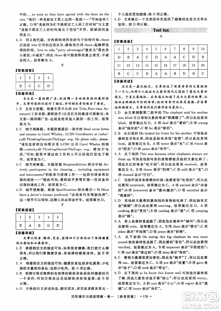 唐人英語2018頂尖訓(xùn)練完形填空與閱讀理解160篇高一參考答案