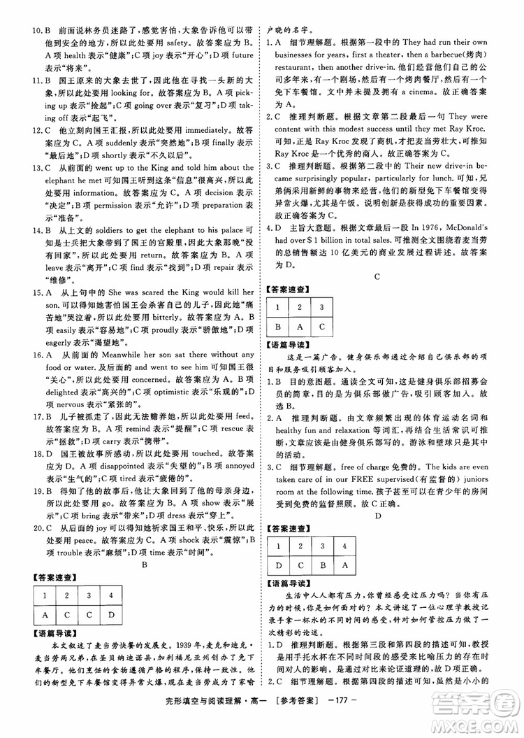 唐人英語2018頂尖訓(xùn)練完形填空與閱讀理解160篇高一參考答案