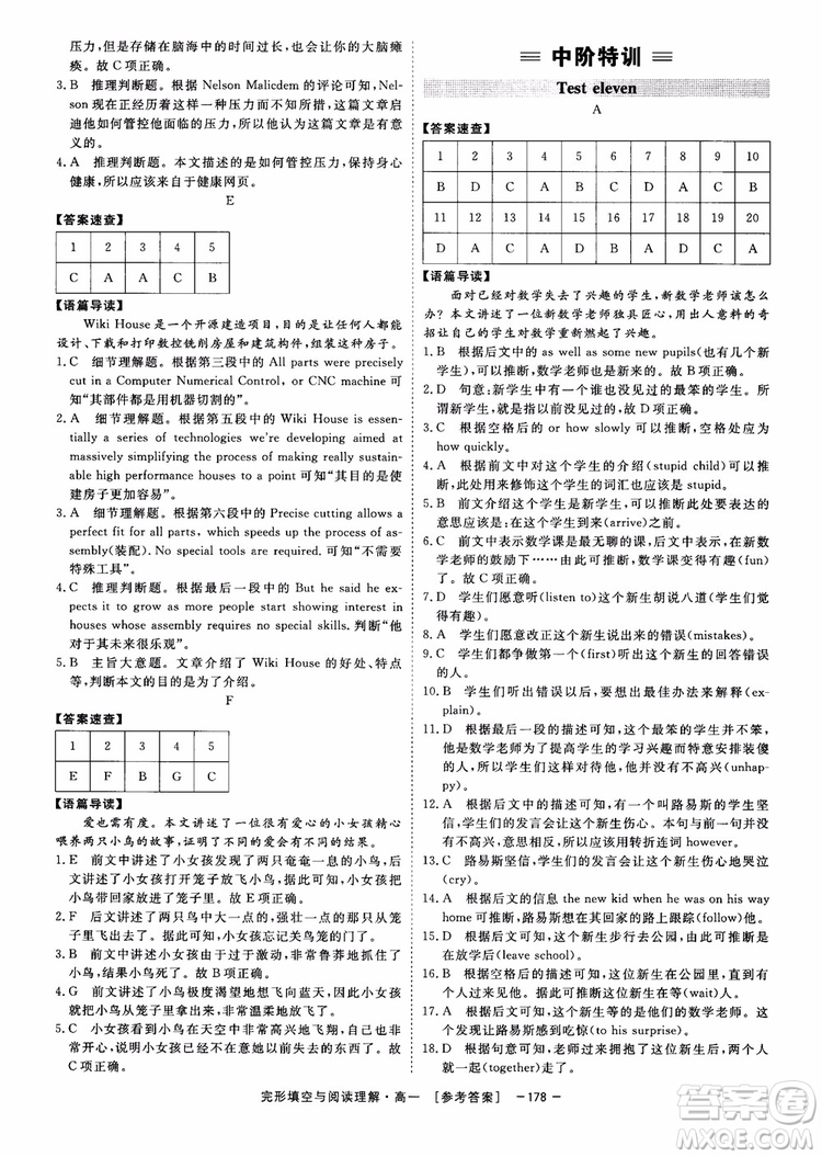 唐人英語2018頂尖訓(xùn)練完形填空與閱讀理解160篇高一參考答案