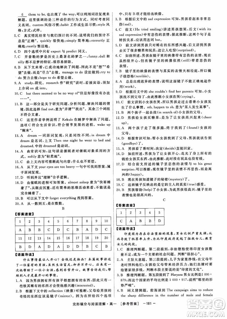 唐人英語2018頂尖訓(xùn)練完形填空與閱讀理解160篇高一參考答案