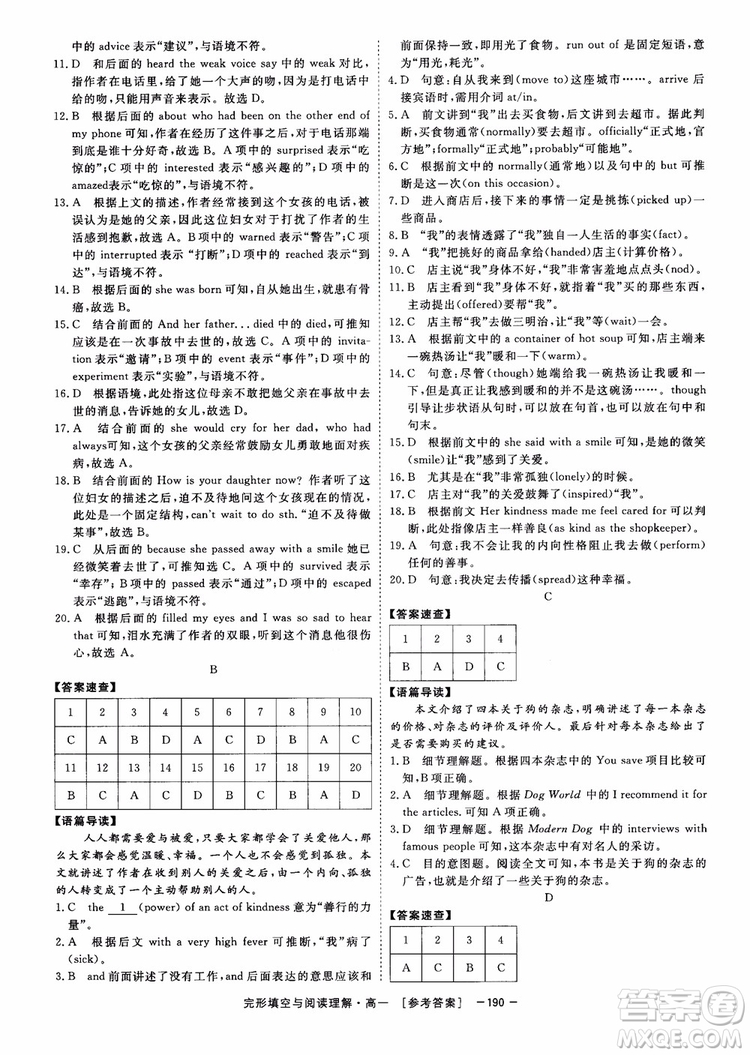 唐人英語2018頂尖訓(xùn)練完形填空與閱讀理解160篇高一參考答案