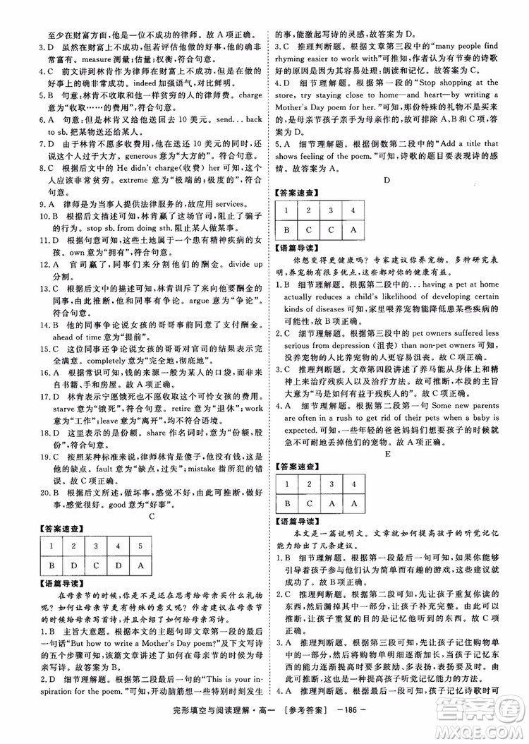 唐人英語2018頂尖訓(xùn)練完形填空與閱讀理解160篇高一參考答案