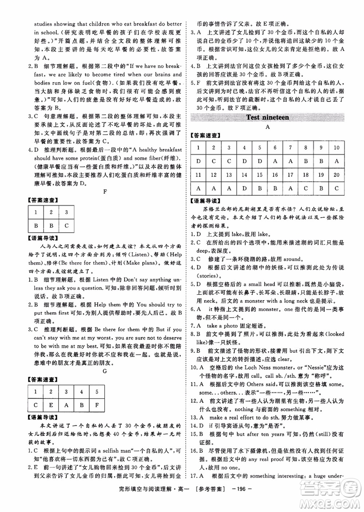 唐人英語2018頂尖訓(xùn)練完形填空與閱讀理解160篇高一參考答案