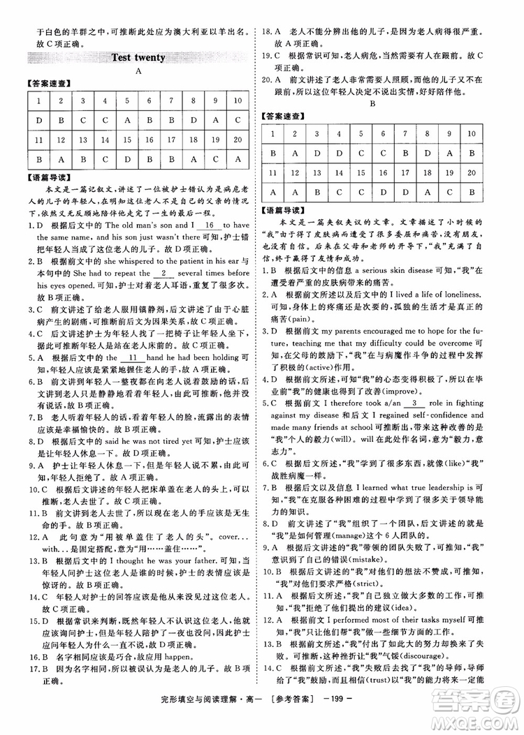 唐人英語2018頂尖訓(xùn)練完形填空與閱讀理解160篇高一參考答案