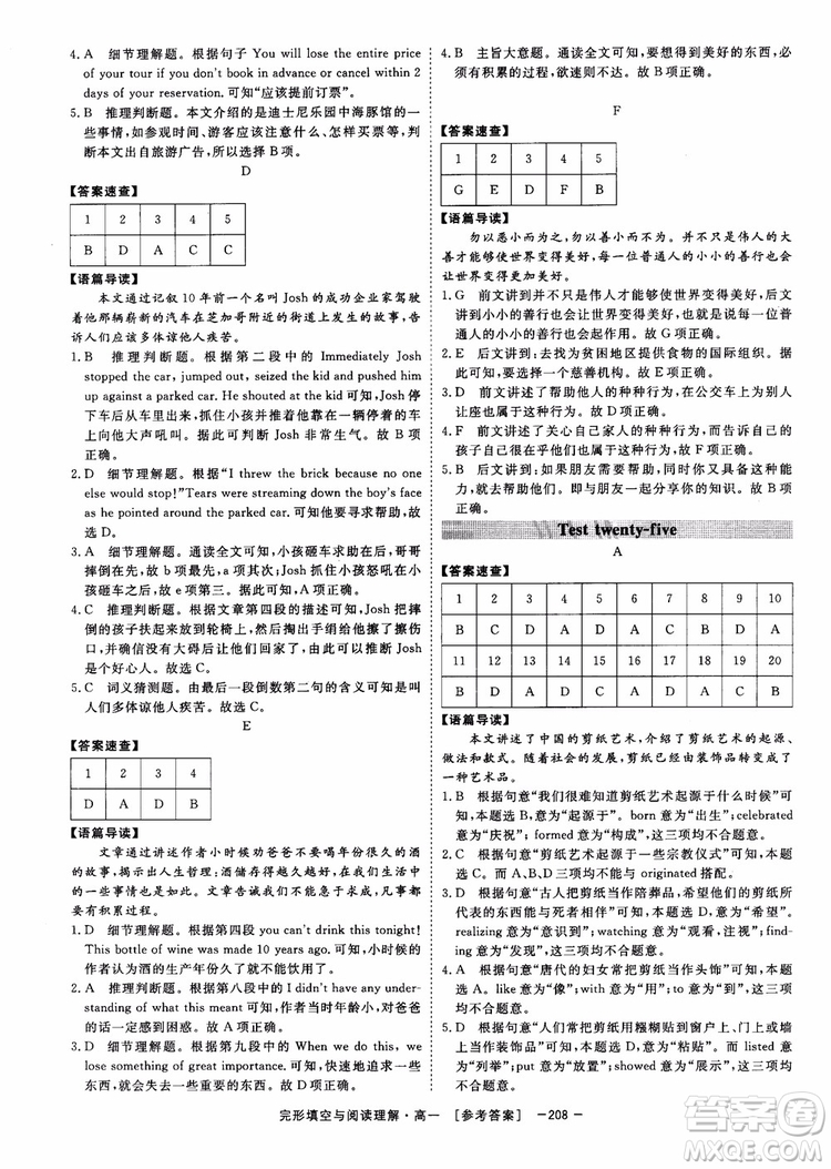 唐人英語2018頂尖訓(xùn)練完形填空與閱讀理解160篇高一參考答案