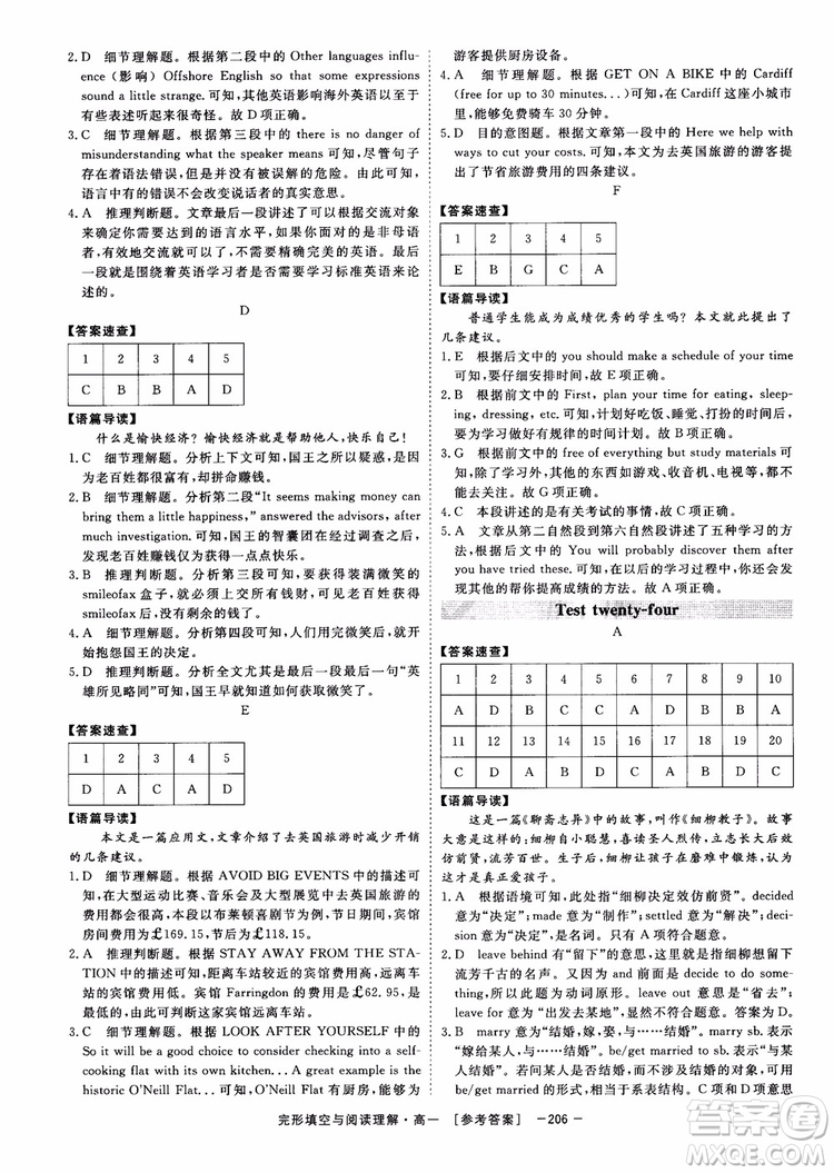 唐人英語2018頂尖訓(xùn)練完形填空與閱讀理解160篇高一參考答案