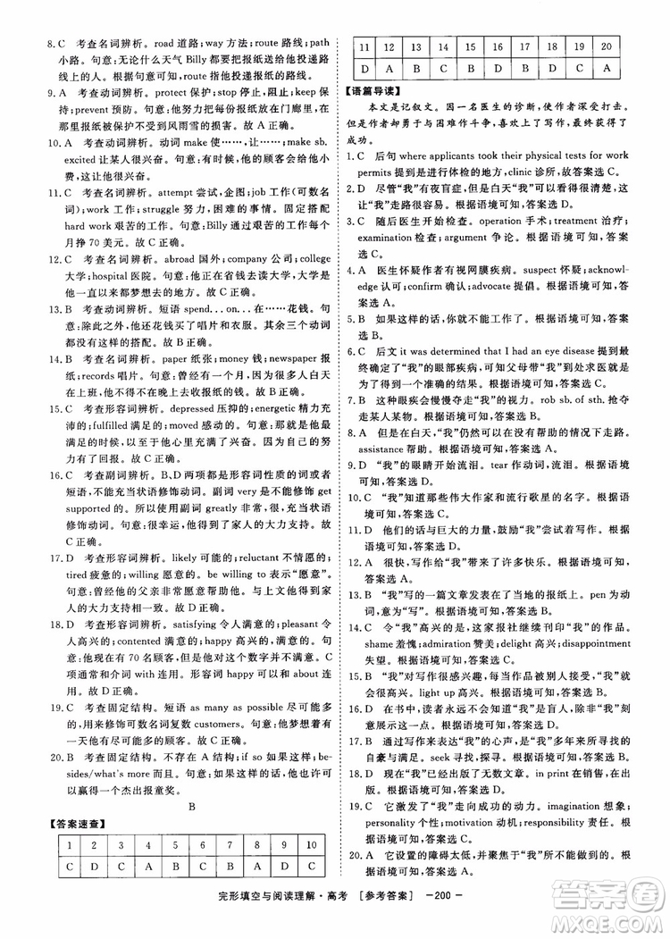 唐人英語(yǔ)2019頂尖訓(xùn)練高考完形填空與閱讀理解160篇參考答案