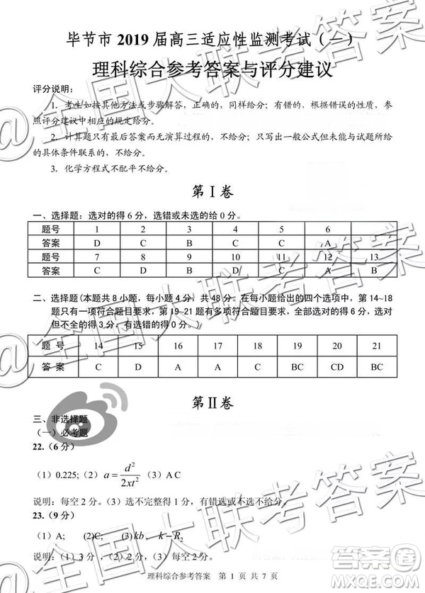 畢節(jié)市2019屆高三適應性監(jiān)測考試一理科綜合參考答案