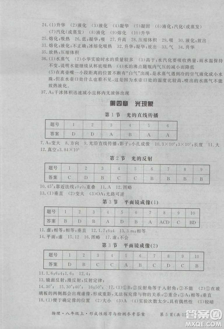 2018年新課標(biāo)形成性練習(xí)與檢測(cè)八年級(jí)物理上冊(cè)參考答案