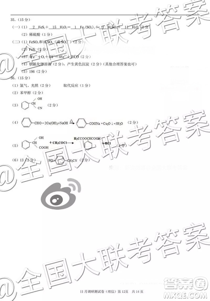 2019年普通高等學(xué)校招生全國(guó)統(tǒng)一考試11月調(diào)研測(cè)試?yán)砜凭C合參考答案