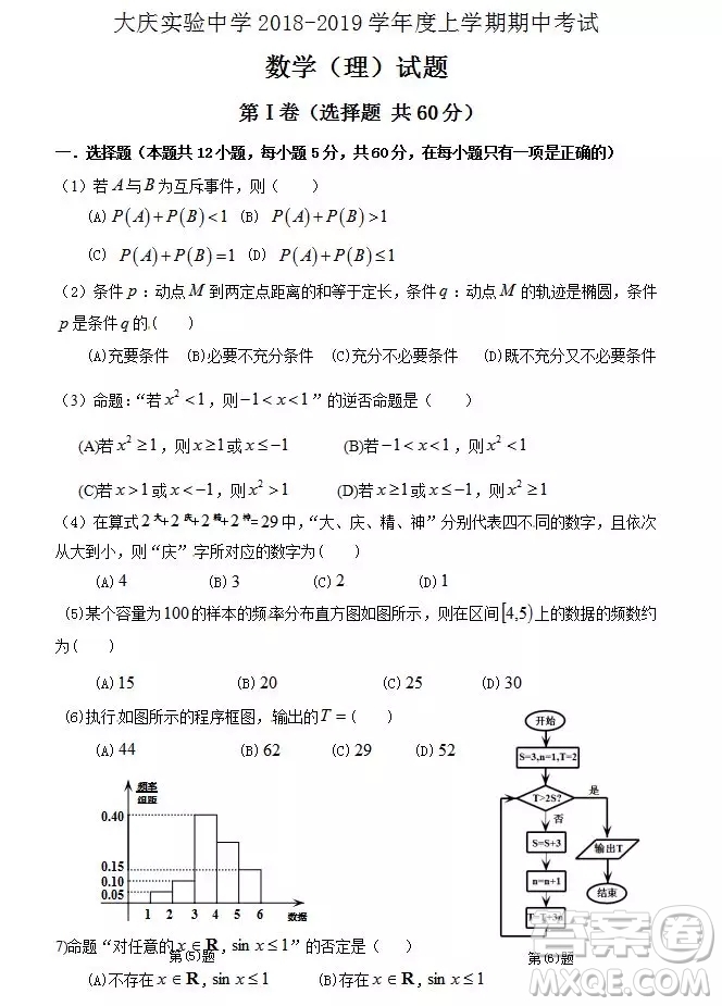 哈爾濱大慶實驗中學(xué)2018年高二上學(xué)期期中考試理科數(shù)學(xué)試卷答案