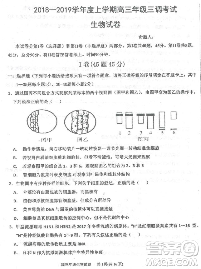 2019屆河北省衡水中學(xué)高三上學(xué)期三調(diào)考試歷史試題及答案