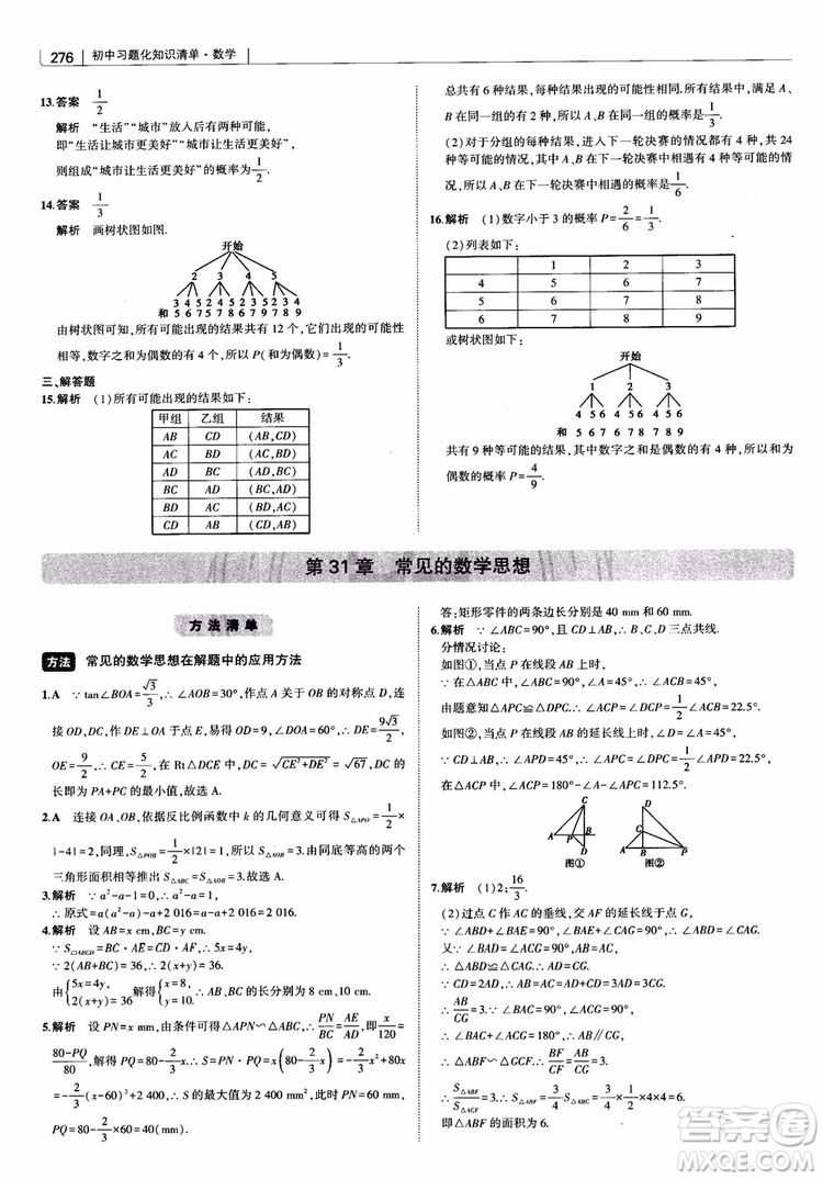 2019版初中習題化知識清單數學曲一線教輔參考答案