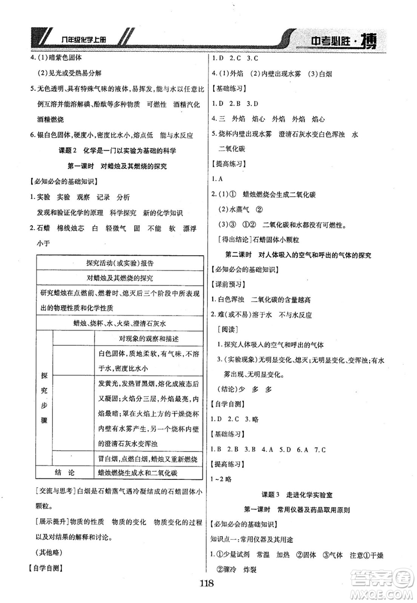 2018年中考必勝搏八年級(jí)化學(xué)RJY版上冊(cè)參考答案