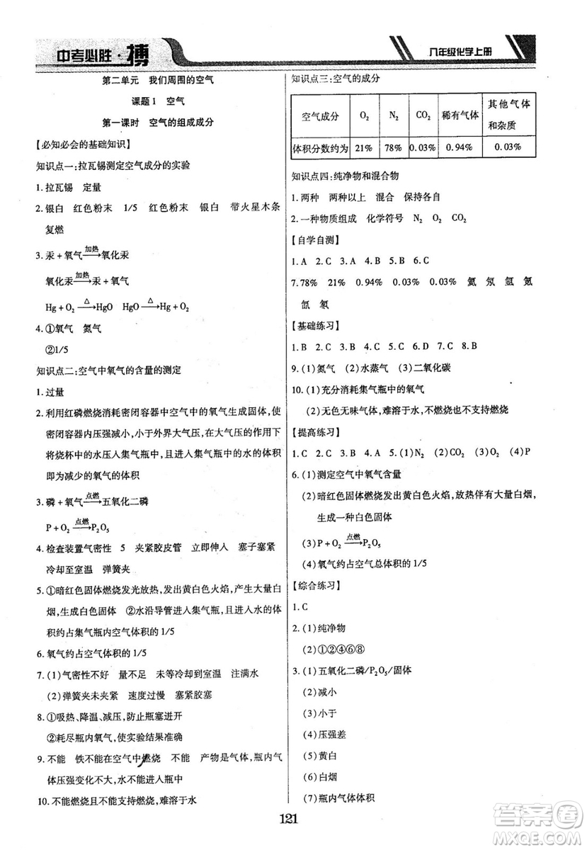 2018年中考必勝搏八年級(jí)化學(xué)RJY版上冊(cè)參考答案