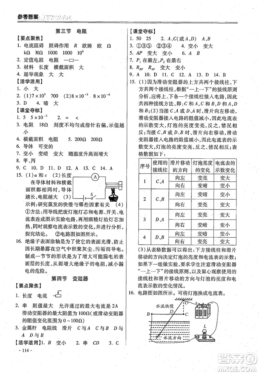 2018年課時(shí)必勝物理九年級(jí)上冊人教版參考答案