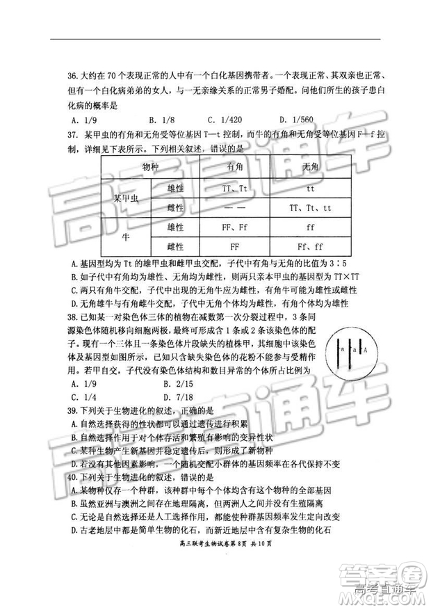 湖北省部分重點(diǎn)中學(xué)2019屆高三第一次聯(lián)考理科綜合參考答案