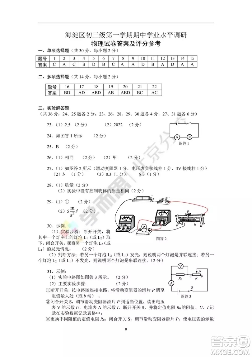 2018年北京市海淀區(qū)初三期中考試物理試卷答案