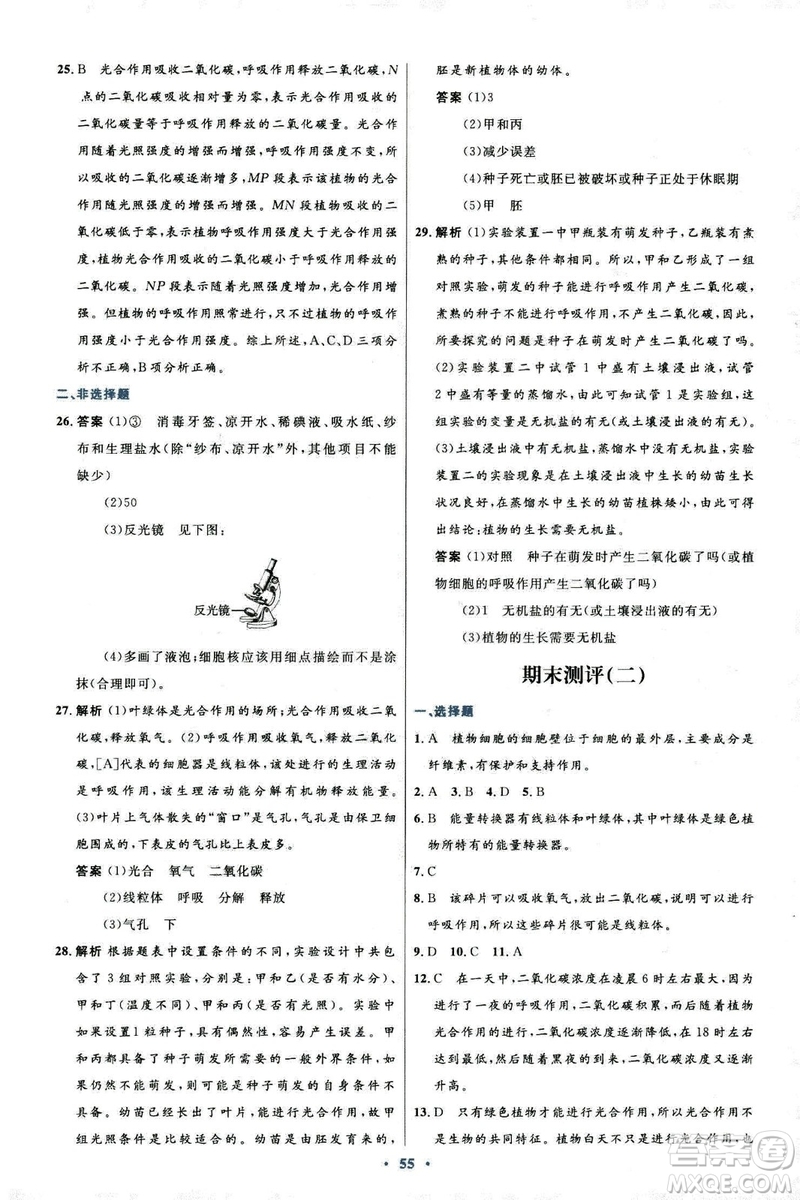 2018新版七年級生物學初中同步測控優(yōu)化設計上冊人教版參考答案