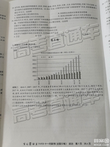 百校聯(lián)盟2019屆TOP20十一月聯(lián)考全國Ⅱ卷政治參考答案