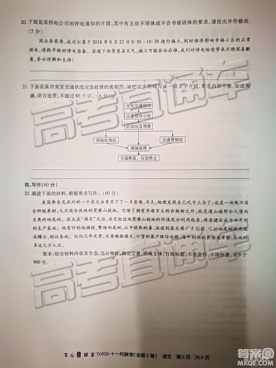 2019百校聯(lián)盟TOP20十一月聯(lián)考全國Ⅰ卷語文試題及參考答案