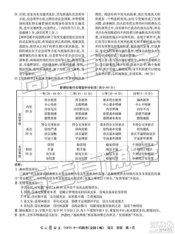 2019百校聯(lián)盟TOP20十一月聯(lián)考全國Ⅰ卷語文試題及參考答案