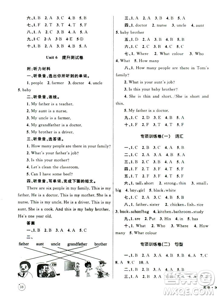 2018版優(yōu)化設(shè)計單元測試卷四年級英語上冊人教版參考答案