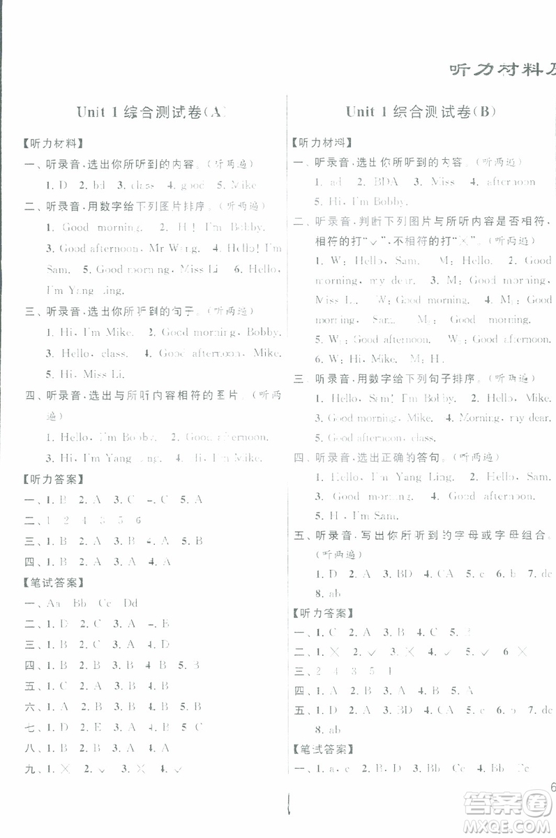 2018秋亮點給力大試卷英語三年級上冊新課標(biāo)江蘇版參考答案