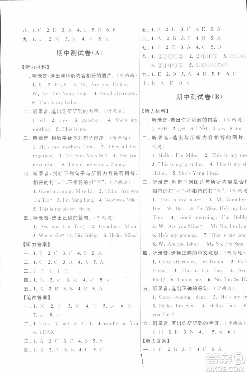 2018秋亮點給力大試卷英語三年級上冊新課標(biāo)江蘇版參考答案