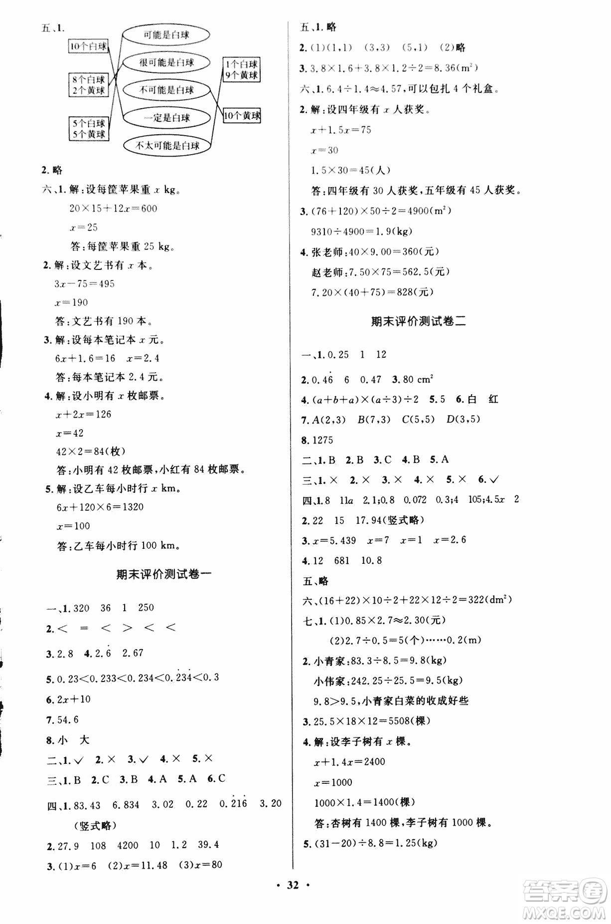 2018年小學同步測控優(yōu)化設計五年級數(shù)學上冊人教版參考答案