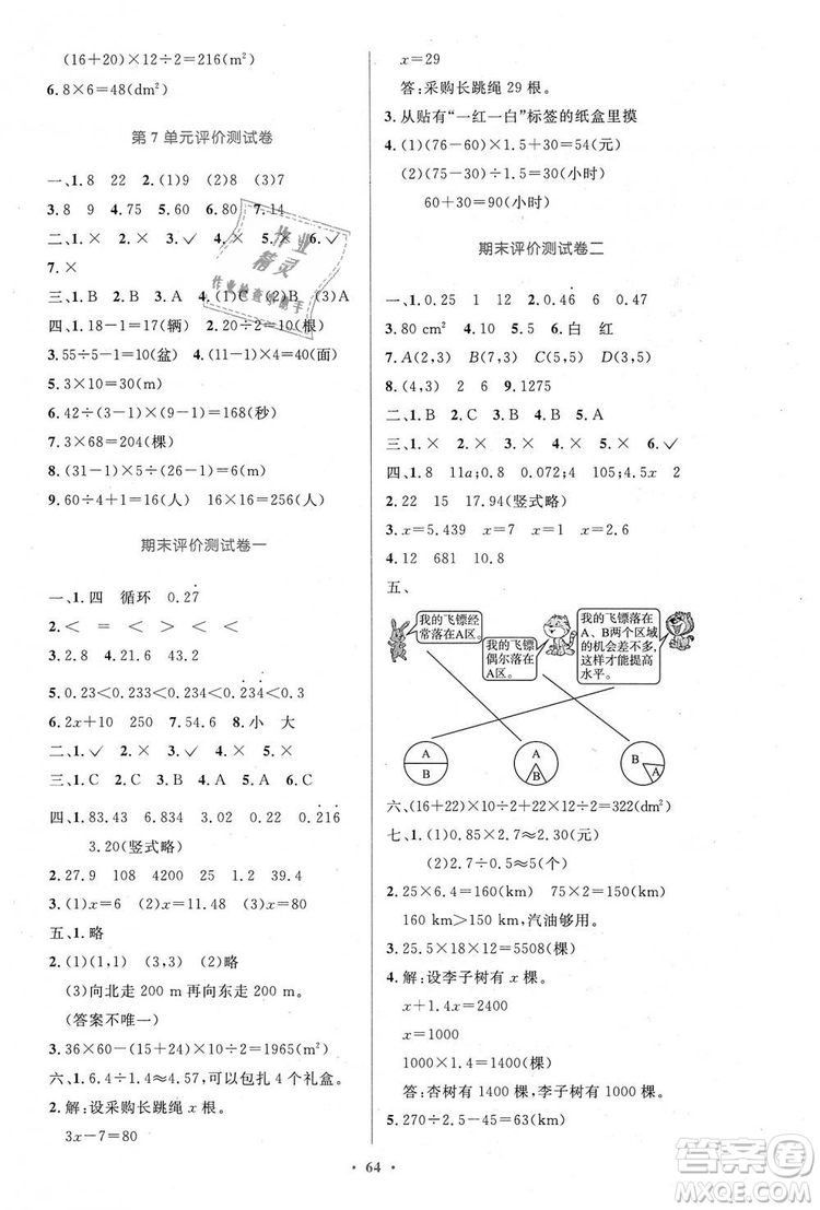 小學(xué)同步測(cè)控優(yōu)化設(shè)計(jì)2018年五年級(jí)數(shù)學(xué)上冊(cè)人教增強(qiáng)版參考答案