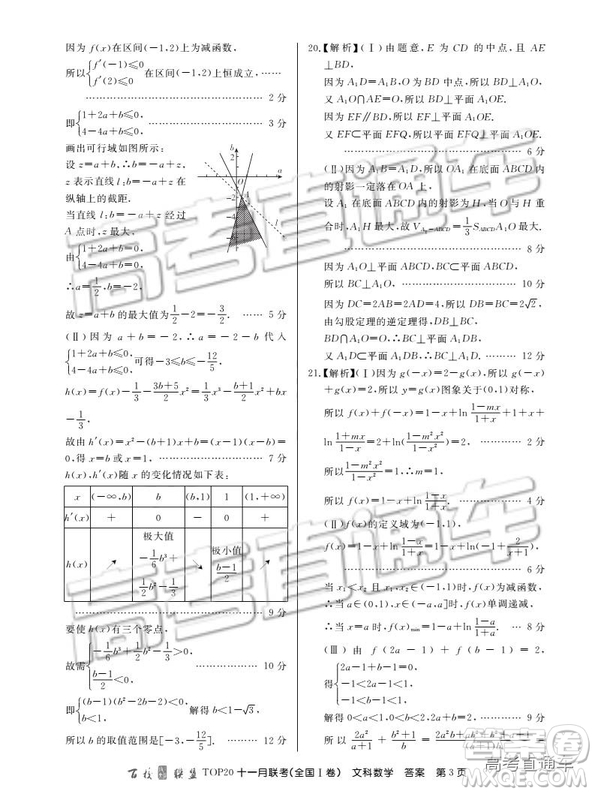 百校聯(lián)盟2019TOP20十一月高三聯(lián)考全國Ⅰ卷文數(shù)試題及參考答案