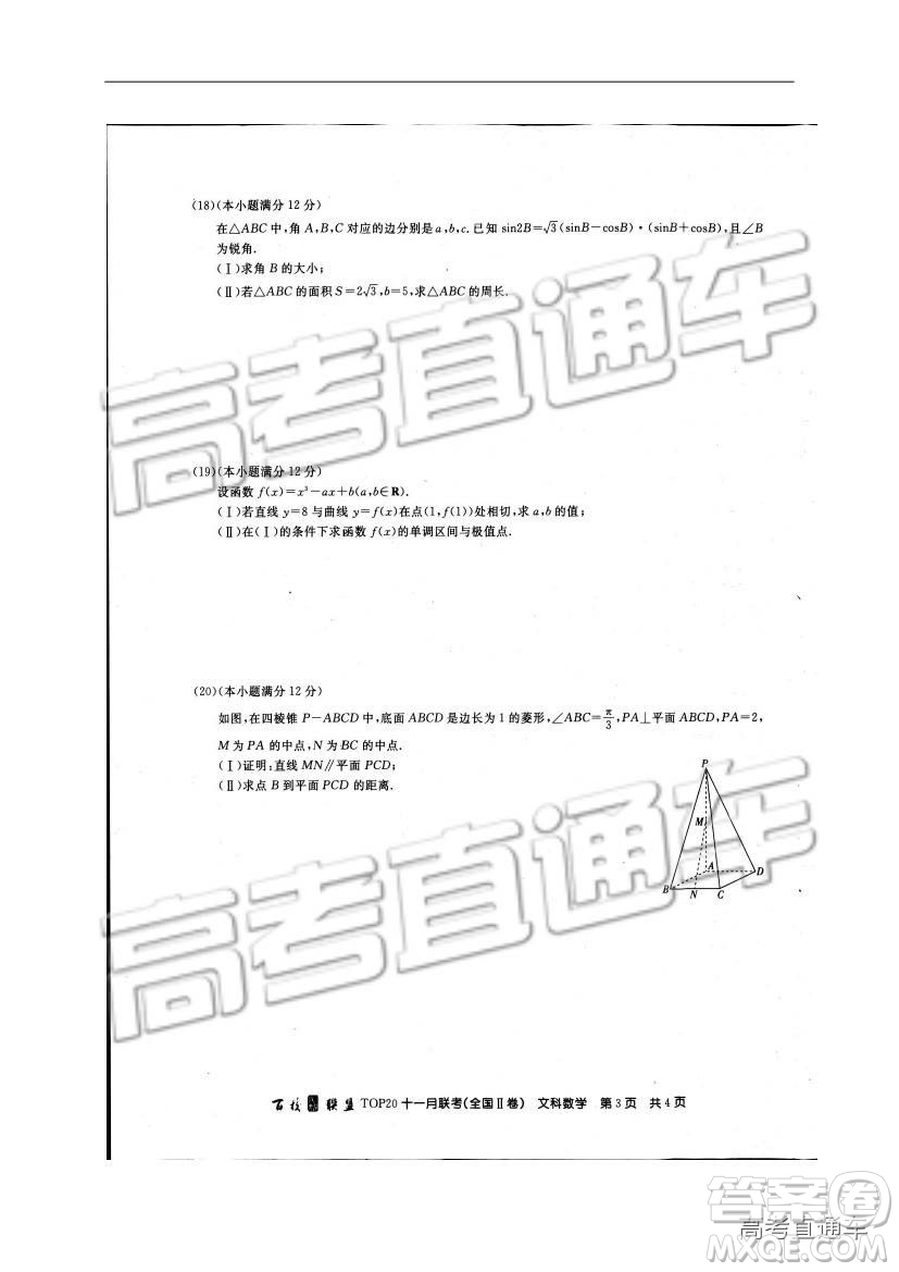 百校聯(lián)盟2019屆TOP20十一月高三聯(lián)考全國Ⅱ卷文數(shù)試題及參考答案