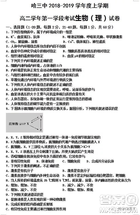 哈三中2018高二期中考試?yán)砭C試卷答案